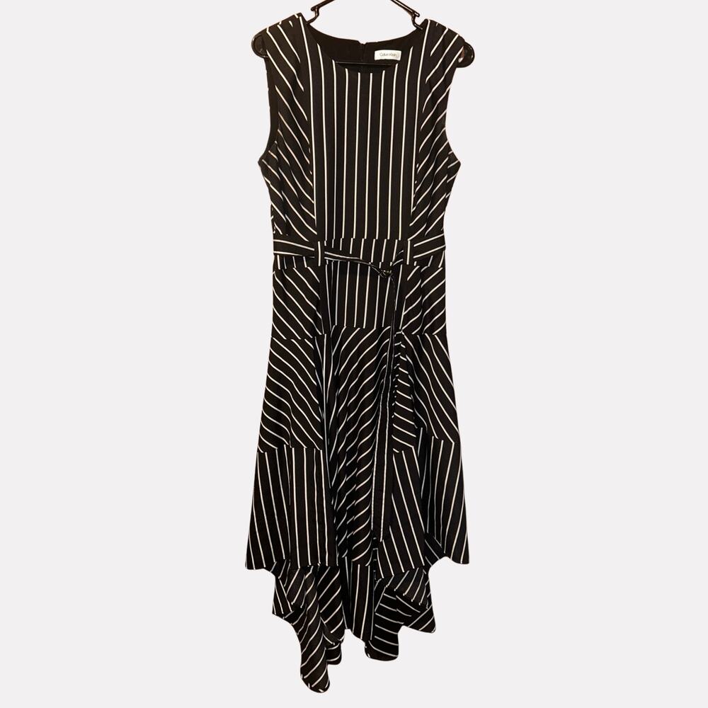 Calvin Klein 10 Black White Striped Belted Handkerchief Hem Dress Business Work